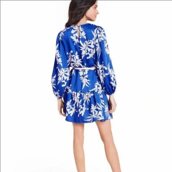 ALEXIS Silky Blue Mini Dress Floral Print Long Balloon Sleeves Rope Tie Belt S - Picture 2 of 6
